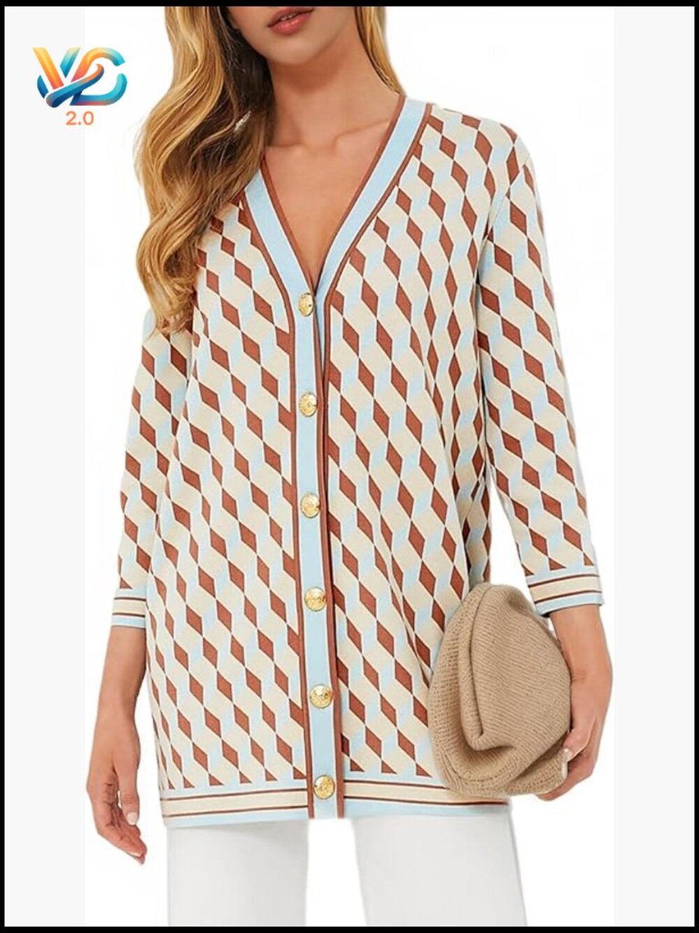 Open Front Cardigan Sweater Button Down 3/4 Sleeve Plaid Lightweight Knit Coat